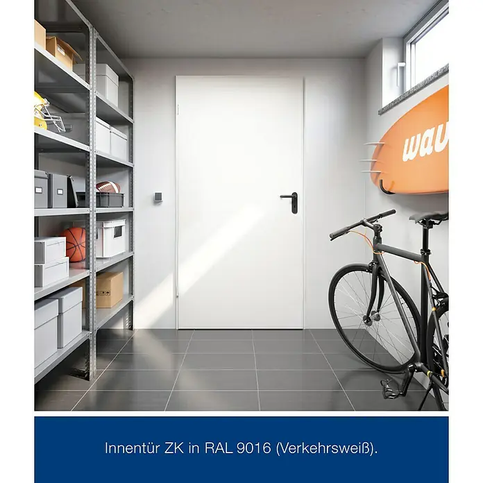 Hörmann ZK-Element - 75 x 212,5 cm, DIN Anschlag: Links, Verkehrsweiß - Innentür ZK in RAL 9016 (Verkehrsweiß) in Garage. Die Tür ist schlicht und modern, passend zum Garagenstil.