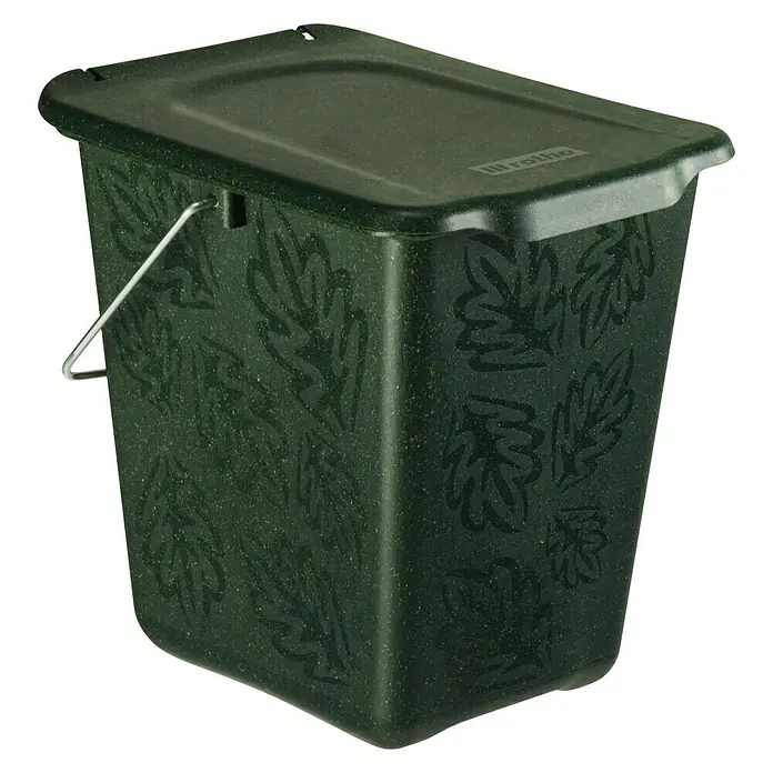 Rotho Standard-Mülleimer Bio-Komposteimer - 7 l, Kunststoff, Buchengrün - Grüner Bio-Abfalleimer mit Deckel und Blätterdekor, ideal für die Küche zur Kompostierung von organischen Abfällen.
