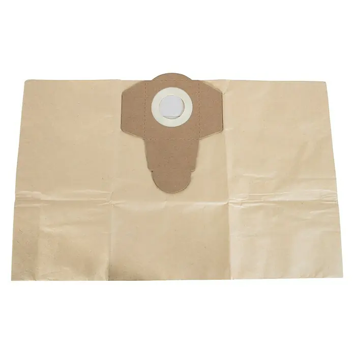Scheppach Papierfiltertüten - 5 Stk., Passend für: Scheppach Nass-Trockensauger ASP20-ES/ASP30-ES/ASP30-OES/ASP30-O - Nahaufnahme eines Staubsaugerbeutels aus Papier mit Öffnung zur Befestigung am Staubsauger.