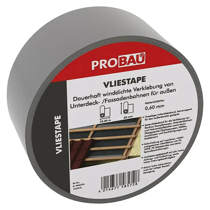 Probau Klebeband Vliestape - 25 m x 60 mm - Produktbild: Probau Vliestape, ein dauerhaft winddichtes Klebeband zur Verklebung von Unterdeck- und Fassadenbahnen im Außenbereich.