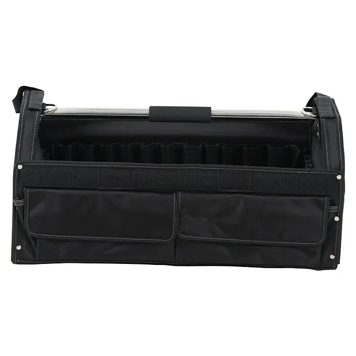 Hepco & Becker Werkzeugtasche Profi-Installateurtasche 5857 - L x B x H: 290 x 620 x 310 mm, Polyester - Hier ist eine schwarze Werkzeugtasche mit mehreren Taschen und einem silbernen Griff. Die Tasche ist leer und für den Transport von Werkzeugen gedacht.