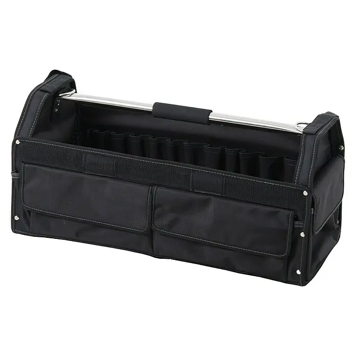 Hepco & Becker Werkzeugtasche Profi-Installateurtasche 5857 - L x B x H: 290 x 620 x 310 mm, Polyester - Eine schwarze Werkzeugtasche mit mehreren Fächern und einem silbernen Griff mit schwarzem Griffpolster. Perfekt für die Aufbewahrung von Werkzeugen.