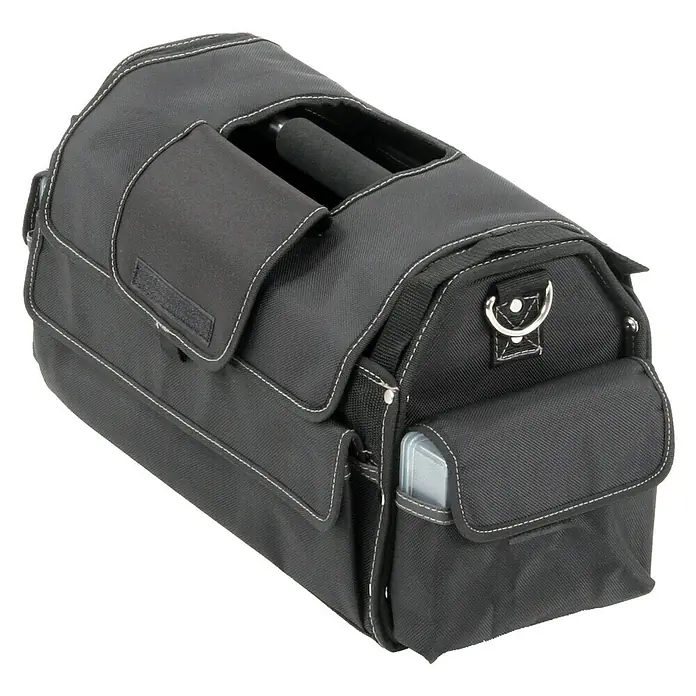 Hepco & Becker Werkzeugtasche Profi-Installateurtasche 5858 - L x B x H: 200 x 400 x 240 mm, Polyester - Schwarze Werkzeugtasche mit weißen Nähten und mehreren Fächern, ideal für die Aufbewahrung und den Transport von Werkzeugen.