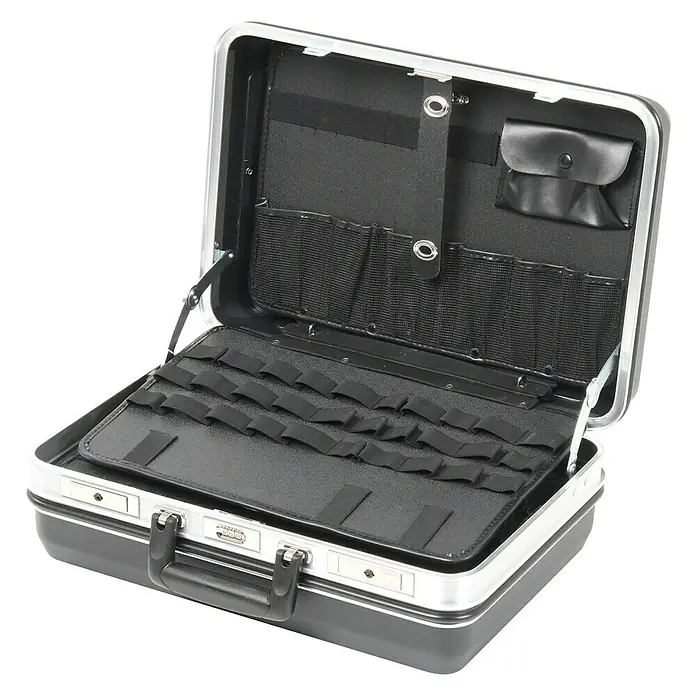 Hepco & Becker Werkzeugkoffer Future 5222 - L x B x H: 370 x 490 x 205 mm, Material: ABS Pro - Geöffnete, graue Werkzeugtasche aus Aluminium mit schwarzen Einsätzen und Tragegriff. Ideal für die Aufbewahrung von Werkzeugen und Zubehör.
