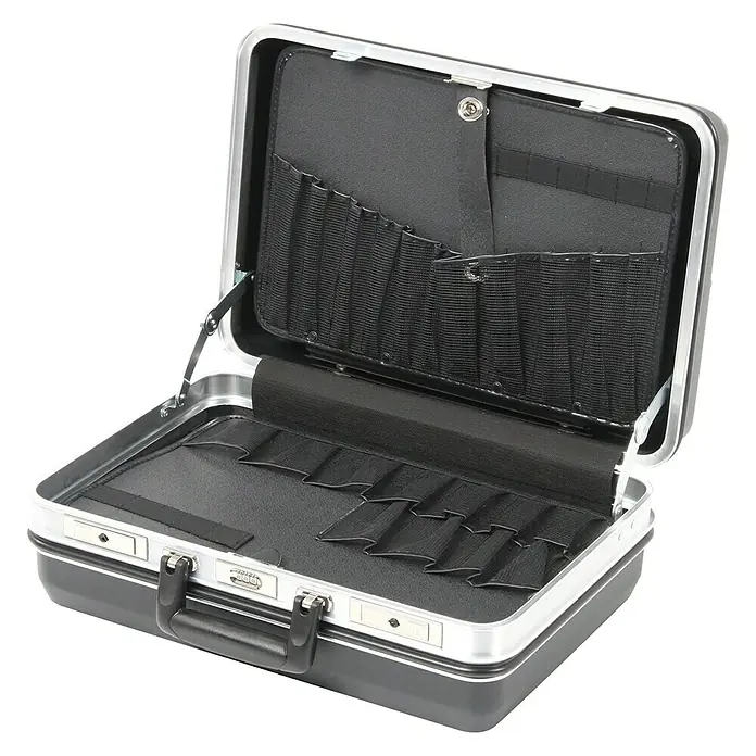 Hepco & Becker Werkzeugkoffer Future 5222 - L x B x H: 370 x 490 x 205 mm, Material: ABS Pro - Offener schwarzer Werkzeugkoffer mit silberfarbenen Beschlägen und zahlreichen Fächern zur Aufbewahrung von Werkzeugen und Zubehör.