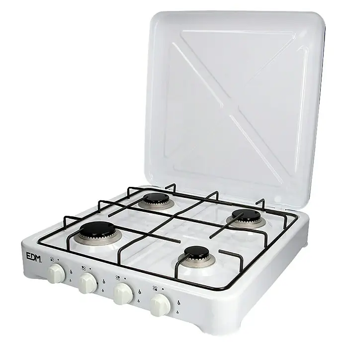EDM Hornillo de gas - 52 x 57 x 7,5 cm, 5,85 kW, Metal, Número de quemadores: 4 ud. - Cocina de gas con cuatro quemadores y tapa abatible para un uso seguro. Diseño compacto y fácil de limpiar.