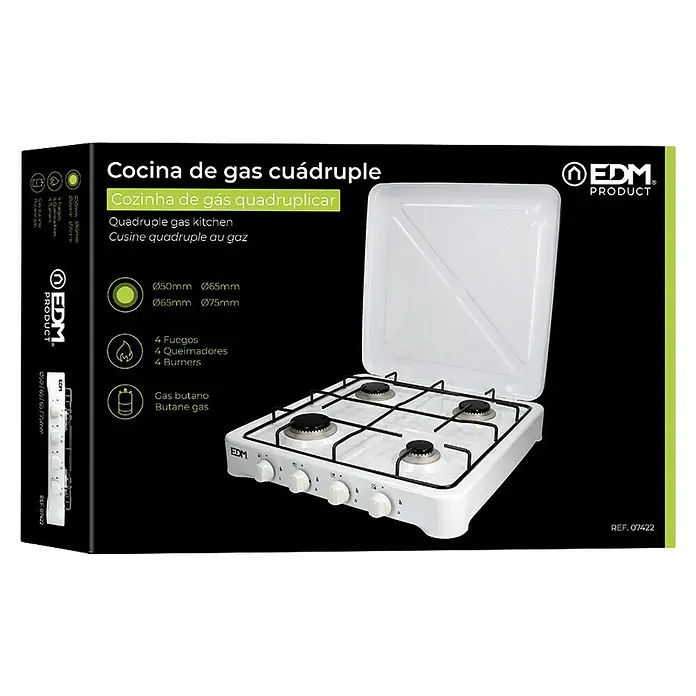 EDM Hornillo de gas - 52 x 57 x 7,5 cm, 5,85 kW, Metal, Número de quemadores: 4 ud. - Imagen de un hornillo de gas portátil de cuatro fuegos con carcasa blanca, perfecto para camping y actividades al aire libre.