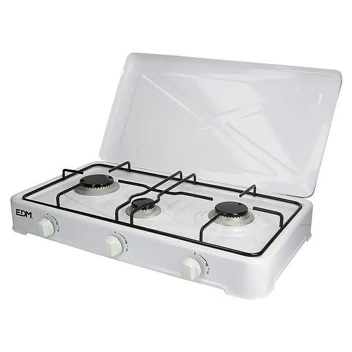 EDM Hornillo de gas - 37 x 60 x 10 cm, 4,45 kW, Metal, Número de quemadores: 3 ud. - Una cocina de gas portátil blanca con tres quemadores y tapa abatible, perfecta para acampar y actividades de cocina al aire libre.