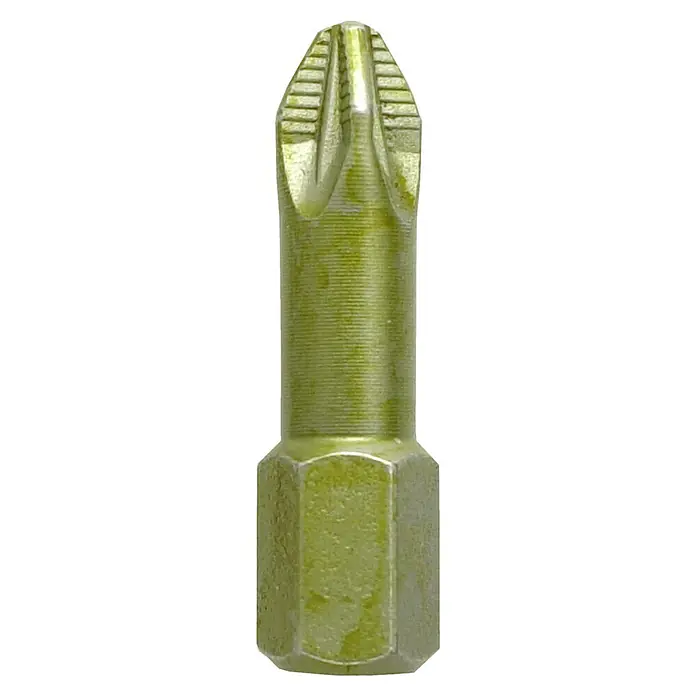 Connex Set de puntas COXT973056 - 3 pzs. - Primer plano de una punta de destornillador Pozidriv dorada con vástago hexagonal. Ideal para uso profesional y proyectos de bricolaje.
