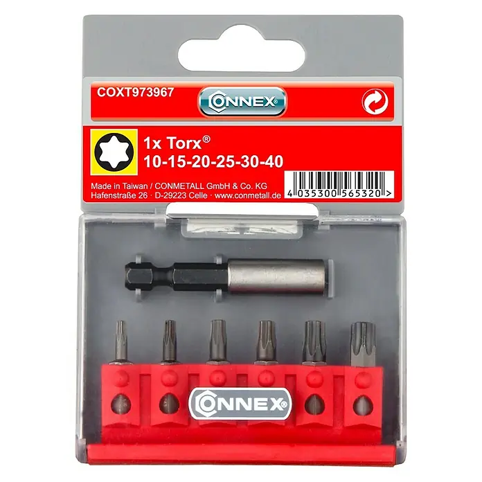 Connex Set de puntas COXT973967 - 7 pzs. - Un juego de 6 puntas Torx en tamaños 10, 15, 20, 25, 30 y 40, incluyendo un portapuntas, empaquetado en una caja de plástico transparente con soporte rojo.