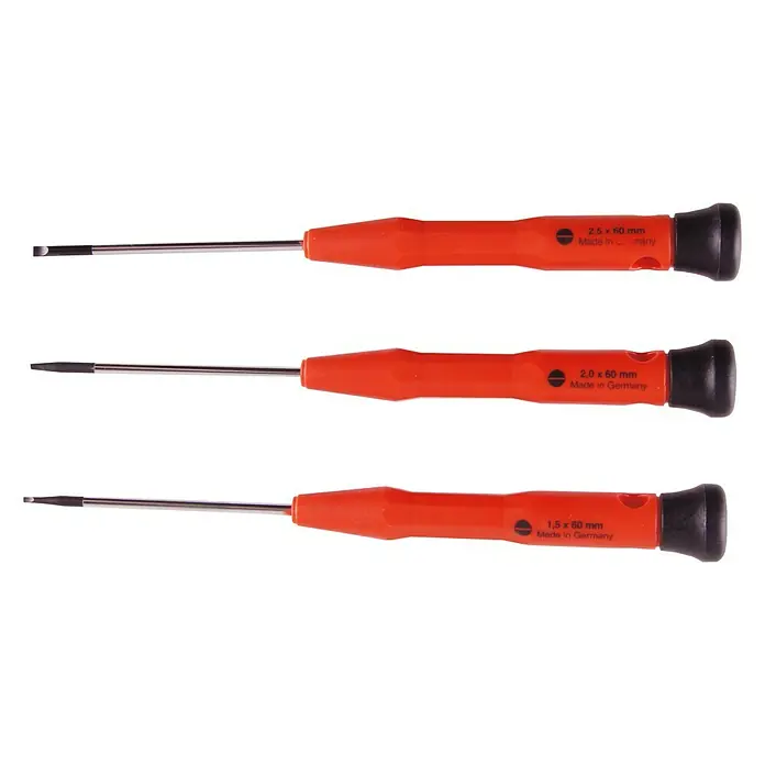 Connex Set de destornilladores de precisión COXT977513 - 3 pzs., Acero - Juego de tres destornilladores planos con mango naranja e indicaciones de tamaño, ideales para trabajos de precisión.