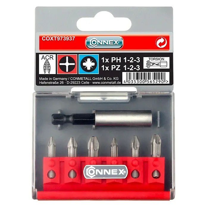 Connex Set de puntas COXT973937 - 7 pzs. - Imagen de un juego de puntas ONNEX, que incluye varias puntas de destornillador y un portapuntas, envasado en una caja de plástico transparente.