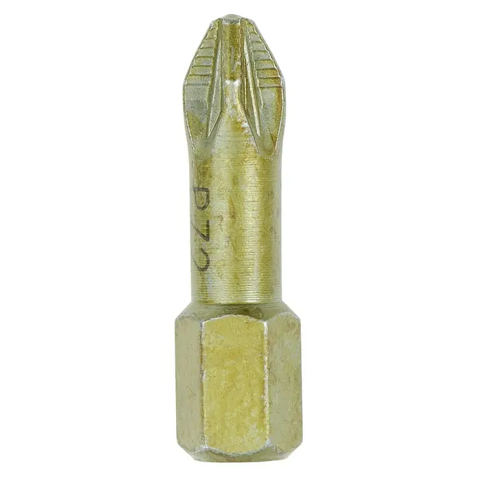 Connex Punta COXT973052 - PZ 2, 25 mm - Primer plano de una punta de destornillador amarillenta con cabeza Phillips y vástago hexagonal para herramientas eléctricas.