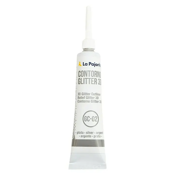 La Pajarita Pintura tejidos Contorno Glitter - Plateado, 20 ml - Tubo de Contorno Glitter 3D de La Pajarita en plata (GC-02) para contornos brillantes y efectos de relieve.