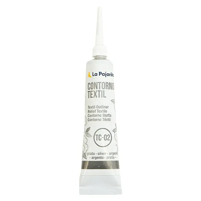 La Pajarita Pintura tejidos Contorno relieve - Plateado, 20 ml - La Pajarita Contorno Textil TC-02: Pintura textil para contornos y relieves precisos en telas, ideal para proyectos textiles creativos.