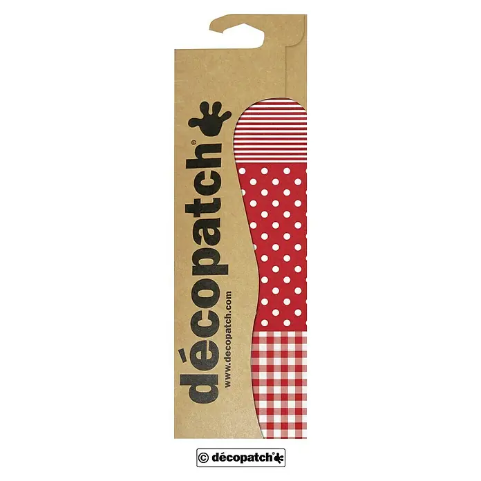 Décopatch Papel decorativo Stripes spots - Rojo, 3 ud., 40 x 30 cm - El diseño de Décopatch presenta un patrón de rayas rojas, puntos y cuadros. Ideal para proyectos de artesanía creativa y decoraciones únicas.