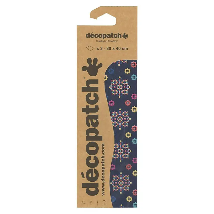 Décopatch Papel decorativo Trea - Multicolor, 3 ud., 40 x 30 cm - Papel Decopatch con fondo azul y estampados de flores y estrellas de colores, ideal para manualidades y proyectos creativos.