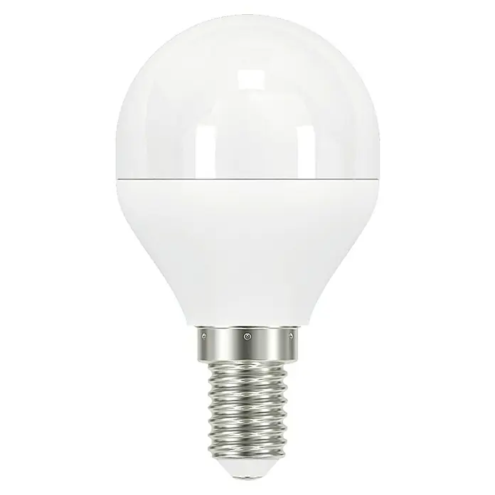Garza Bombilla LED - E14, No regulable, Blanco frío, 810 lm, 8 W, Redonda - Primer plano de una bombilla LED blanca con base E14, que ofrece una iluminación de bajo consumo con una luz brillante y clara.