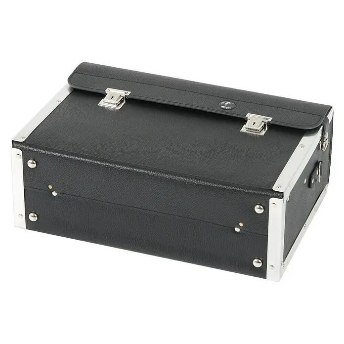 Hepco & Becker Werkzeugtasche Favorit 7120 - Innenmaß: B x T x H: 420 x 150 x 250 mm, Leder - Eine elegante schwarze Notentasche mit silberfarbenen Akzenten und zwei Verschlüssen für den stilvollen Transport von Dokumenten.