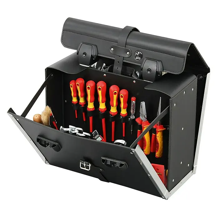 Hepco & Becker Werkzeugtasche Favorit 9117 - Innenmaß: B x T x H: 450 x 190 x 340 mm, Leder - Offene Werkzeugtasche aus Leder mit diversen Werkzeugen wie Schraubendrehern und Zangen.