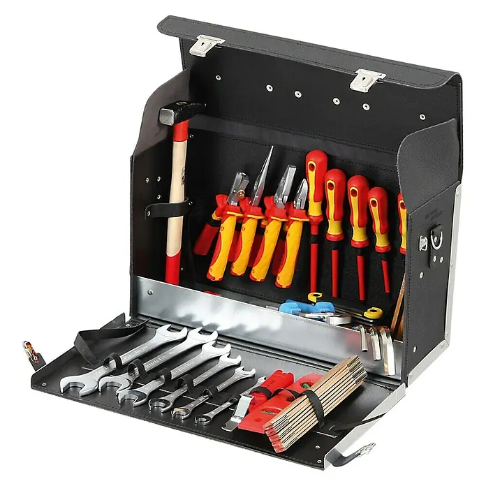 Hepco & Becker Werkzeugtasche Favorit 7163 - Innenmaß: B x T x H: 420 x 150 x 250 mm, Leder, Farbe: Schwarz - Werkzeugkoffer mit Hammer, Schraubenzieher, Zangen und Schraubenschlüssel, ideal für Handwerker und Heimwerker.