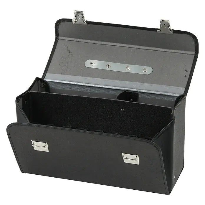 Hepco & Becker Werkzeugtasche Favorit 7130 - Innenmaß: B x T x H: 400 x 150 x 210 mm, Hartpappe - Geöffnete schwarze Aktentasche, die ihr Innenleben zeigt, ideal für professionelle Präsentationen und den sicheren Transport wichtiger Dokumente.