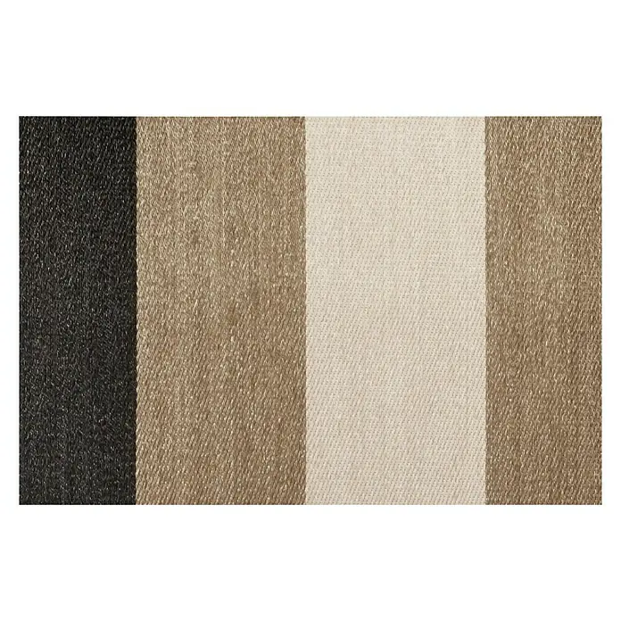 Alfombra de vinilo Living Stripes - Camel, 90 x 60 cm - Primer plano de una muestra de tela a rayas, con rayas alternas de negro, beige y blanco roto.