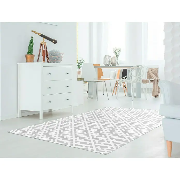 Alfombra de vinilo Living geométrica - Gris, 200 x 140 cm - Habitación moderna con una alfombra gris claro con un patrón geométrico, que añade estilo y calidez al espacio.