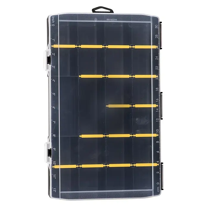 Stanley Estuche para piezas pequeñas STST81681-1 - Número de compartimentos: 22 ud., Sin contenido, Negro/Amarillo - Un organizador rectangular, transparente y oscuro, con separadores amarillos e indicaciones de tamaño en pulgadas y centímetros en los laterales.