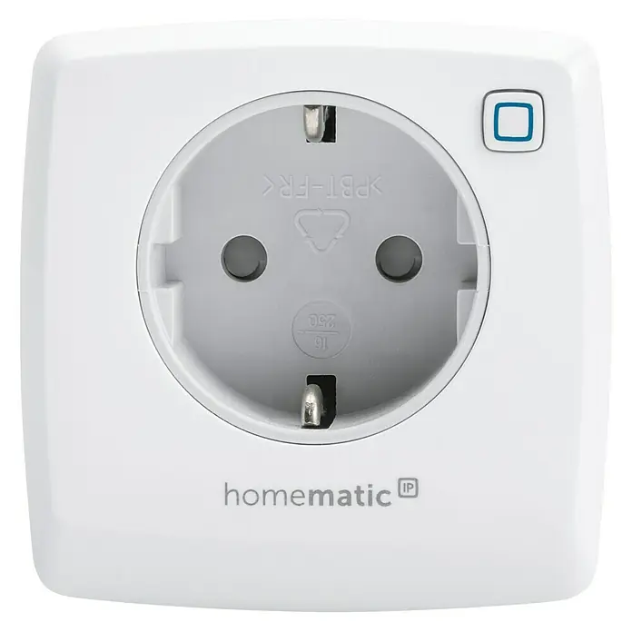Homematic IP Funksteckdose Phasenabschnittdimmer HmIP-PDT - Weiß, 230 V - Nahaufnahme einer Homematic IP-Funksteckdose für den Innenbereich mit Kindersicherung und erhöhtem Berührungsschutz.
