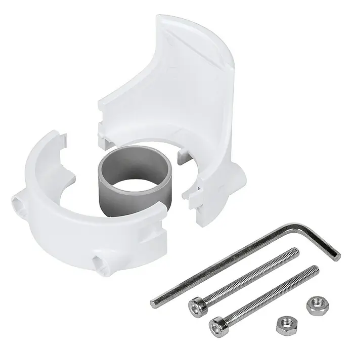 Homematic IP Diebstahlsicherung für Heizkörperthermostate - L x B x H: 46 x 23 x 46 mm - Einzelteile eines weißen Rohrbefestigungssatzes mit Schrauben, Muttern und einem Inbusschlüssel zur Installation des Rohrs.