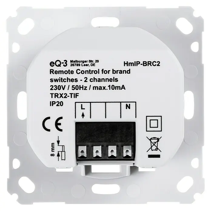 Homematic IP Funk-Wandtaster HmIP-BRC2 - 2-fach, Unterputz, 230 V, 37 x 71 x 71 mm - Nahaufnahme eines weißen eQ-3 HmIP-BRC2 Funk-Fernbedienungssenders für Markenschalter mit 2 Kanälen und technischen Daten.