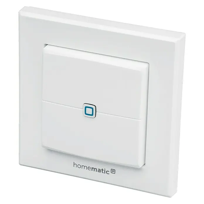 Homematic IP Funk-Wandtaster HmIP-WRC2 - 2-fach, Batteriebetrieben, Weiß, 19 x 86 x 86 mm - Das Bild zeigt einen Homematic IP Wandschalter, ein intelligentes Gerät für die Hausautomation, in einem weißen Design.