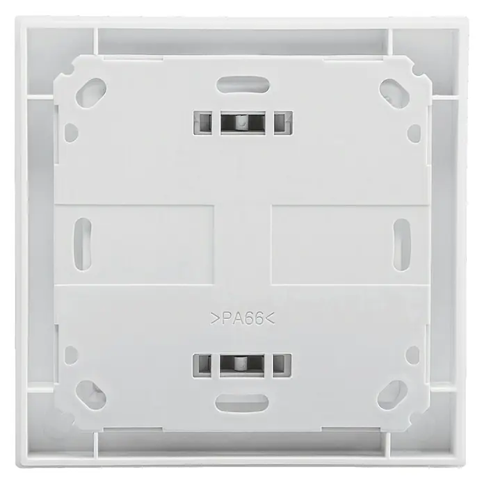Homematic IP Funk-Wandtaster HmIP-WRC2 - 2-fach, Batteriebetrieben, Weiß, 19 x 86 x 86 mm - Nahaufnahme der Rückseite einer weißen Kunststoff-Wandhalterung mit dem Schriftzug "PA66" in der Mitte und mehreren Aussparungen für Schrauben.