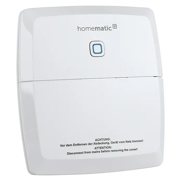 Homematic IP Funkschalter Aktor HmIP-WHS2 - 2-fach, Weiß, 30 x 120 x 130 mm, 230 V - Nahaufnahme eines Homematic IP Geräts mit Warnhinweis zum Trennen vom Netz vor dem Öffnen.