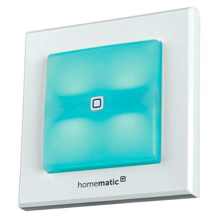 Homematic IP Funkschalter HmIP-BSL - 52 x 86 x 86 mm, Grau, 230 V - Nahaufnahme eines Homematic IP Wandtasters mit vier individuell belegbaren Tasten zur Smart Home Steuerung.