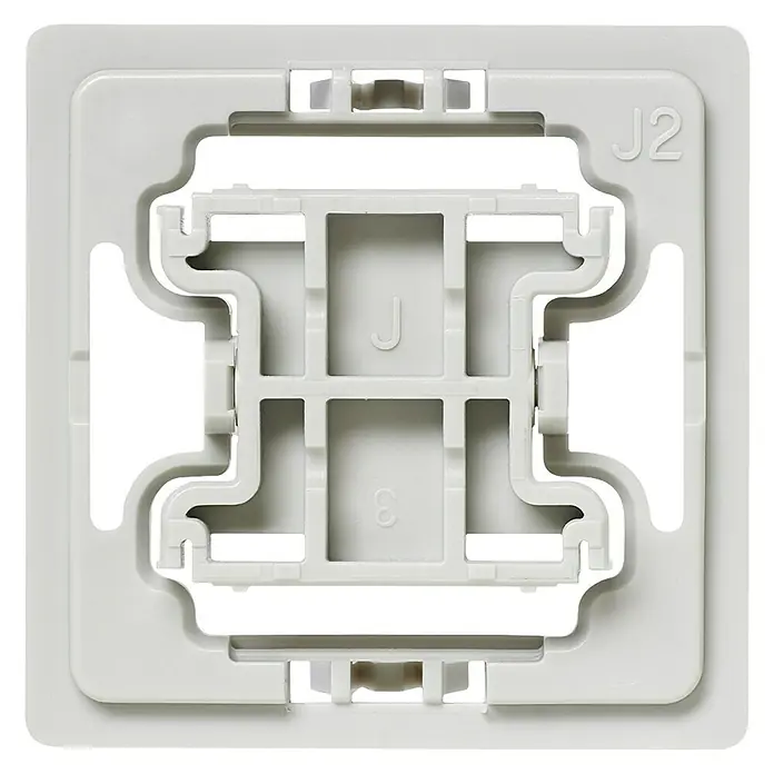 Homematic IP Adapter EQ3-ADA-J2 - 1 Stk., Passend für: Jung-Schalter A 500/A creation/A plus/AS 500/AS universal - Nahaufnahme eines weißen Montageelements mit der Aufschrift "J2", das zur sicheren Befestigung von Geräten dient.