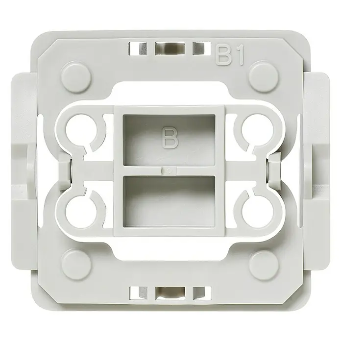 Homematic IP Adapter EQ3-ADA-B1 - 1 Stk., Passend für: Berker-Schalter Arsys/K1/K5 - Nahaufnahme einer modularen Geräteeinsatz-Befestigung B1 in Weiß, ideal für flexible Elektroinstallationen.