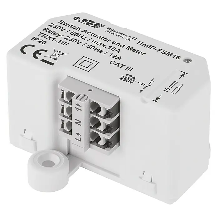Homematic IP Funkschalter Mess-Aktor HmIP-FSM16 - 230 V, 16 A, 41 x 54 x 33 mm - Abbildung eines Qube Smarthome HmIP-FSM16 Schaltaktors und Zählers, der für 230V/50Hz und max. 16A ausgelegt ist.