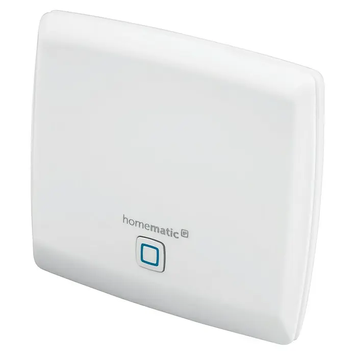Homematic IP Steuerzentrale Access Point HmIP-HAP - Weiß, 11,8 x 10,4 x 2,6 cm, Funkfrequenz: 868 MHz - 869,4 MHz - Nahaufnahme eines weißen Homematic IP Gerätes, das ein modernes Smart-Home-System repräsentiert.