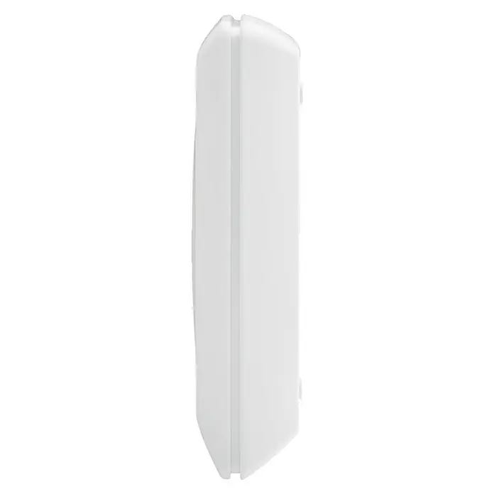 Homematic IP Starter-Set Heizen HmIP-SK16-21 Access Point & 2 Heizkörper-Thermostate basic - Nahaufnahme eines weißen, länglichen Gerätegehäuses mit abgerundeten Kanten und einer vertikalen Nut in der Mitte.