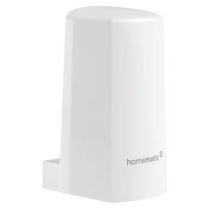 Homematic IP Funk-Temperatursensor HmIP-STHO - Weiß, 5,9 x 8,2 x 4,1 cm, Batteriebetrieben, IP44 - Nahaufnahme eines Homematic IP Geräts, einem schlanken, weißen Smart-Home-Zubehör für die Hausautomation mit dezentem Logo.