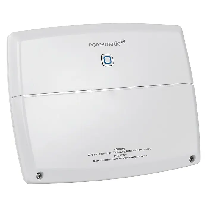 Homematic IP Steuerzentrale Multi IO Box HmIP-MIOB - Weiß, 3,4 x 19,9 x 15,6 cm - Homematic IP Gerät: Eine weiße, rechteckige Homematic IP Zentrale mit Warnhinweis zum Trennen vom Netz vor dem Öffnen.