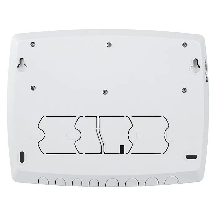 Homematic IP Steuerzentrale Multi IO Box HmIP-MIOB - Weiß, 3,4 x 19,9 x 15,6 cm - Rückansicht des weißen Gehäuses mit Montageöffnungen und Aussparungen für Kabel, ideal zur Wandbefestigung.