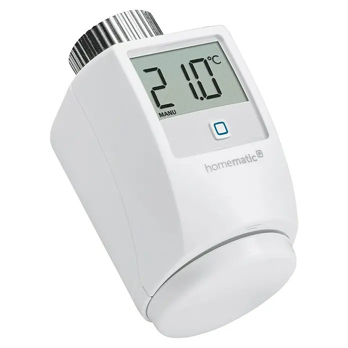 Homematic IP Heizkörper-Thermostat HmIP-eTRV-2 - Ventilanschluss: M30 x 1,5 mm, Batteriebetrieben, 97 x 58 x 71 mm, Weiß, 1 Stk. - Nahaufnahme eines Homematic IP Heizkörperthermostats mit Temperaturanzeige und Bedienknopf.