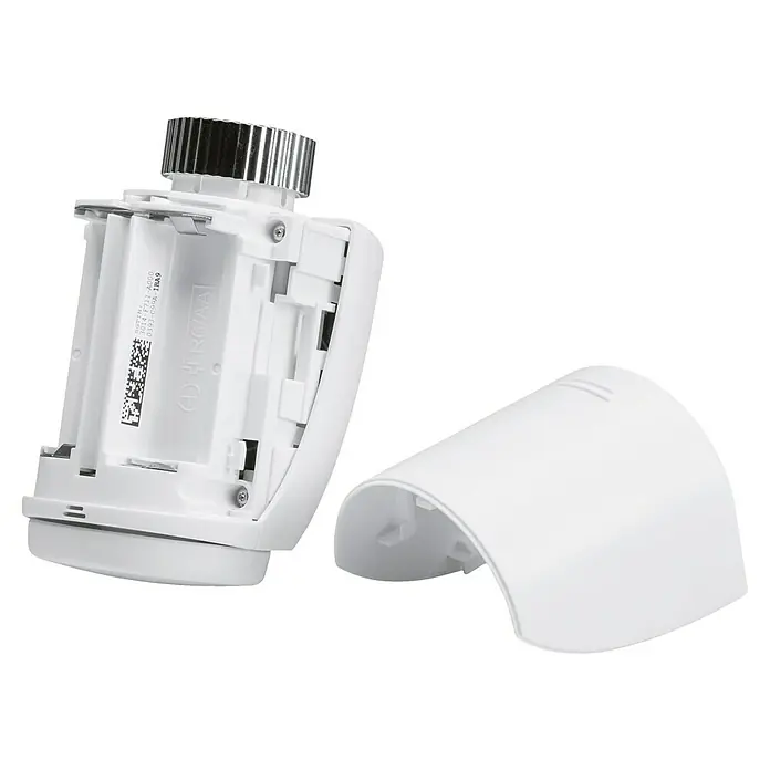 Homematic IP Heizkörper-Thermostat HmIP-eTRV-2 - Ventilanschluss: M30 x 1,5 mm, Batteriebetrieben, 97 x 58 x 71 mm, Weiß, 1 Stk. - Das geöffnete Gehäuse des Heizkörperthermostats zeigt das Batteriefach. Batterien vom Typ LR6/AA sind sichtbar.