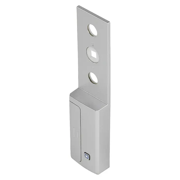 Homematic IP Fenstersensor HmIP-SRH - Weiß, 16 x 32 x 143 mm, Batteriebetrieben - Das Bild zeigt eine moderne, silberfarbene Türbeschlagplatte mit Knauf, Löchern und einem rechteckigen Knopf unten.