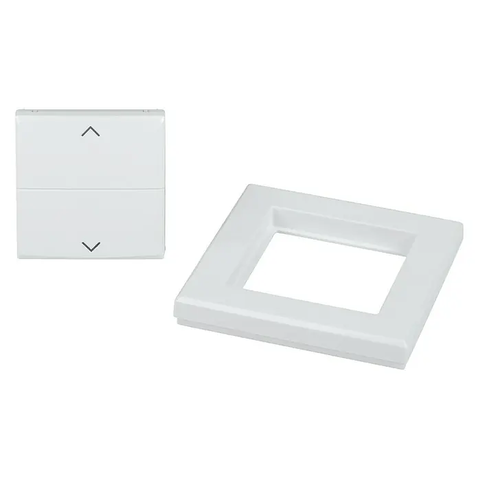 Homematic IP Taster Wippe HmIP-BRA - Mit Pfeilen, Weiß, 16 x 86 x 86 mm - Nahaufnahme eines weißen Jalousieschalters und einer Blende. Ideal für die moderne Hausautomation mit klarem Design.
