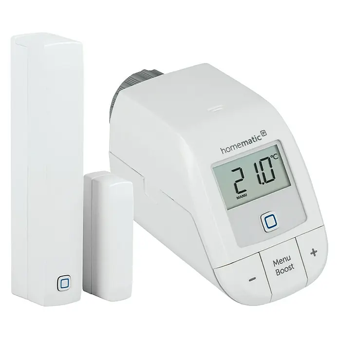 Homematic IP Starter-Set Heizen Easy Connect - 1 x Heizkörperthermostat, 1 x Fenster- und Türkontakt, 1 x Adapter Danfoss RA, 1 x Stützring, 1 x Montagematerial, 4 x Batterien, 1 x Bedienungsanleitung - Das Homematic IP Heizkörperthermostat, der Tür-Fensterkontakt und der dazugehörige Sensor im Detail.