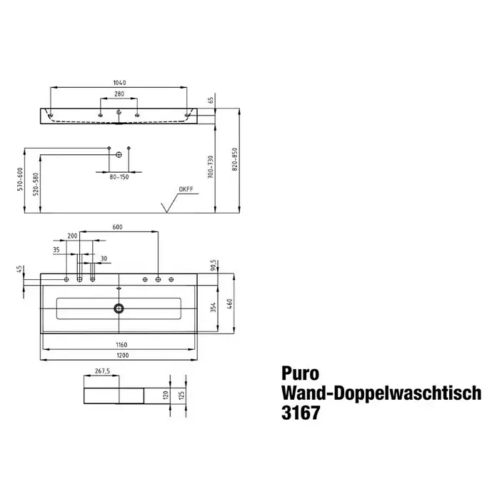Kaldewei Waschtisch Puro - 120 x 46 cm, Mit schmutzabweisender Glasur, Anzahl Hahnlöcher: 2, Weiß - Technische Zeichnung des Puro Wand-Doppelwaschtisch 3167 mit Maßen und Details für die Installation.